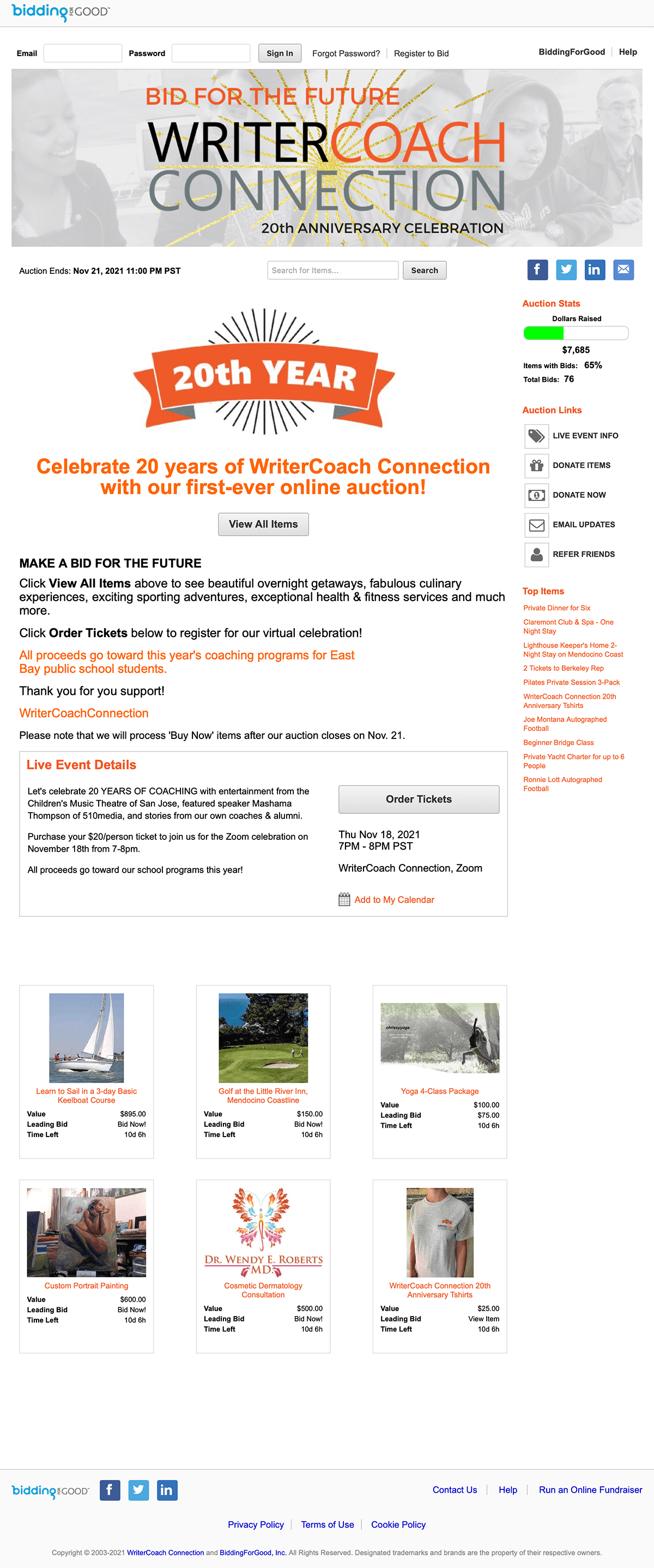 Screen shot of Writer Coach Connection auction homepage