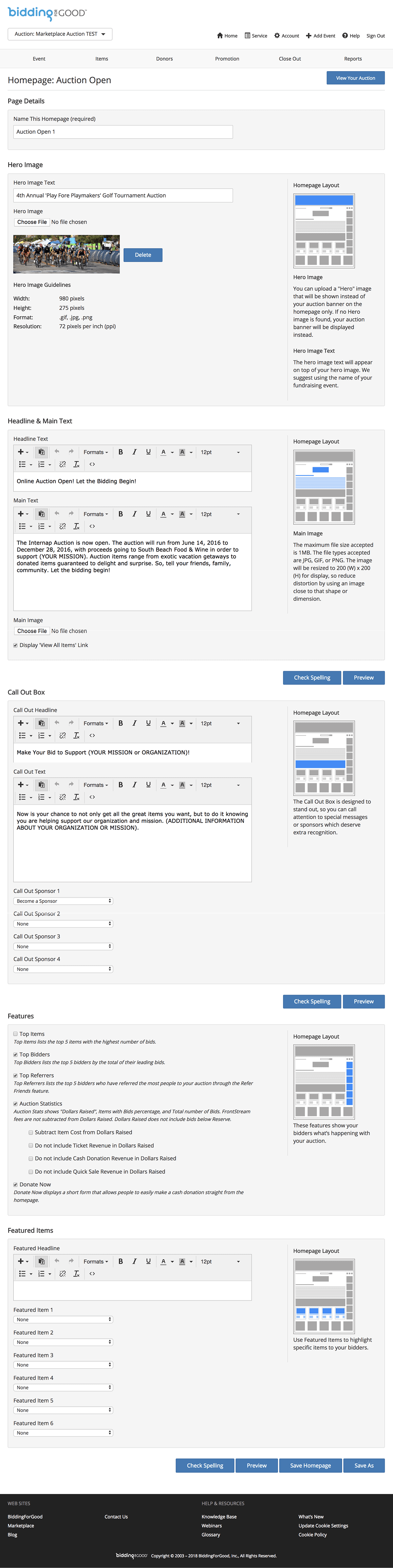 Screen shot of BiddingForGood auction manager non-profit event homepage page design