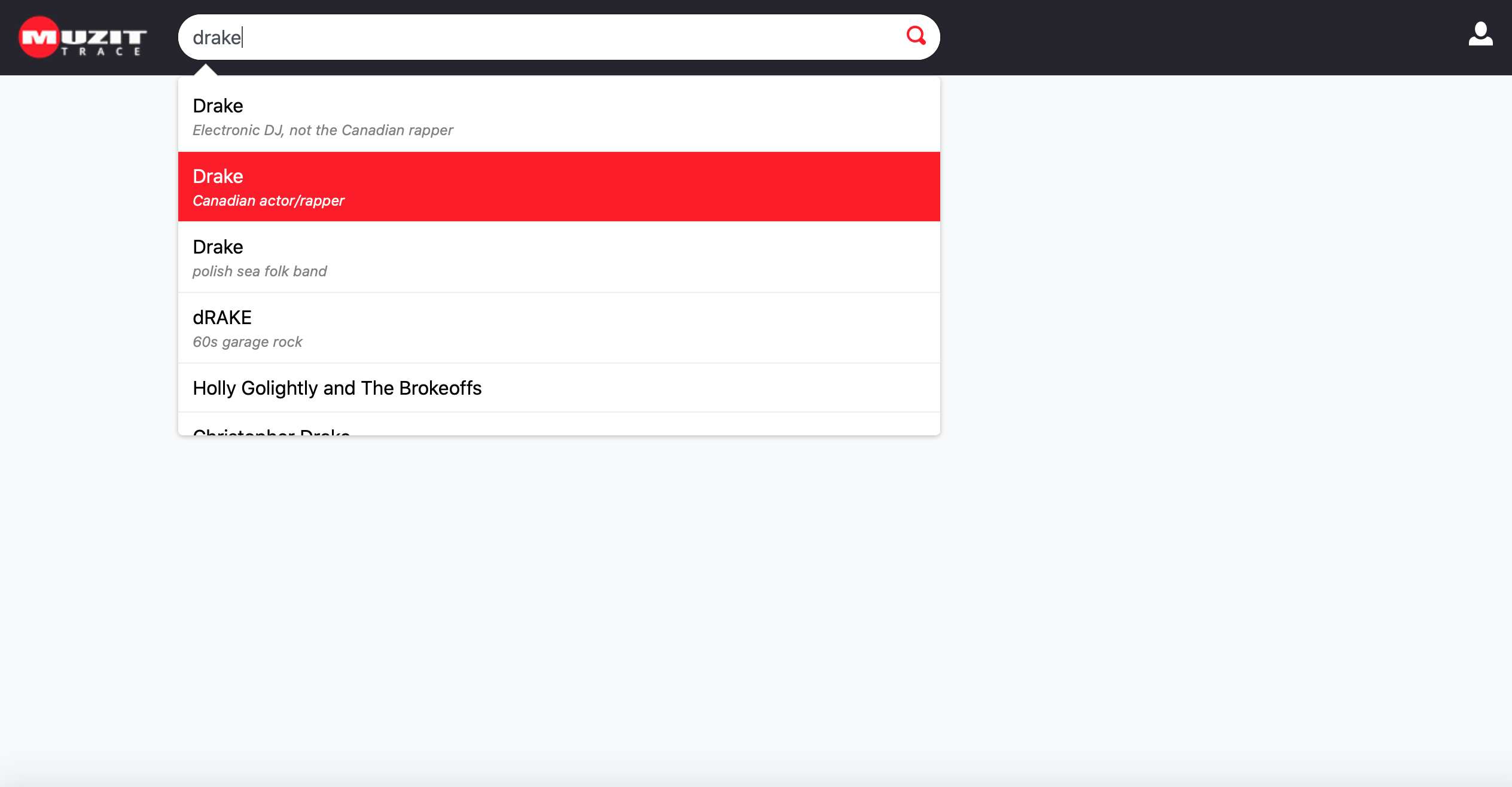 Screenshot of Muzit search redesign on desktop